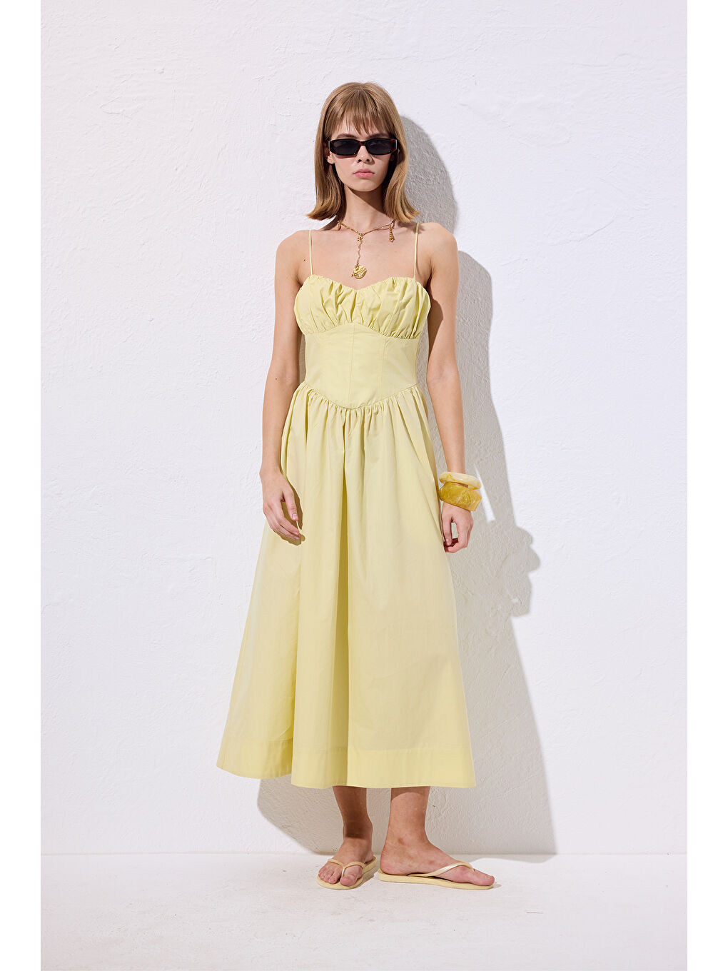 Büzgülü Korsajlı Elbise Sarı-1