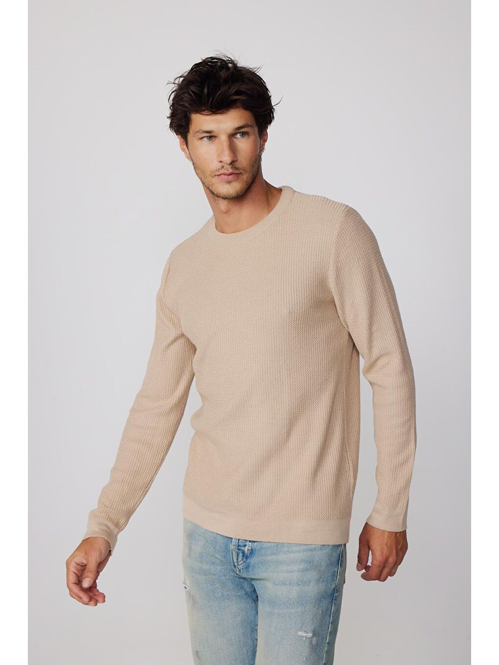 Bej Slim Fit Bisiklet Yaka Desenli Taş Erkek Kazak-1