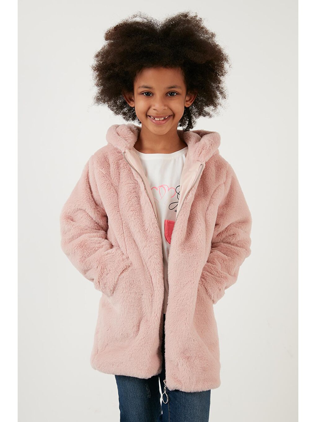 Pembe İçi Astarlı Kapüşonlu Cepli Suni Kürk Kaban 2497LINA-1