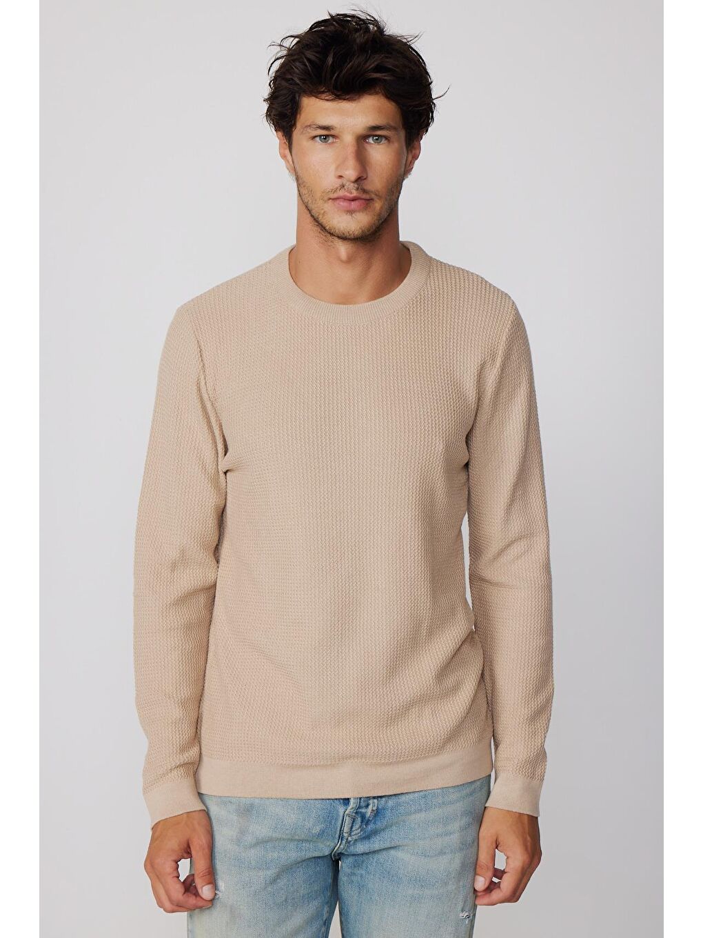 Bej Slim Fit Bisiklet Yaka Desenli Taş Erkek Kazak-2