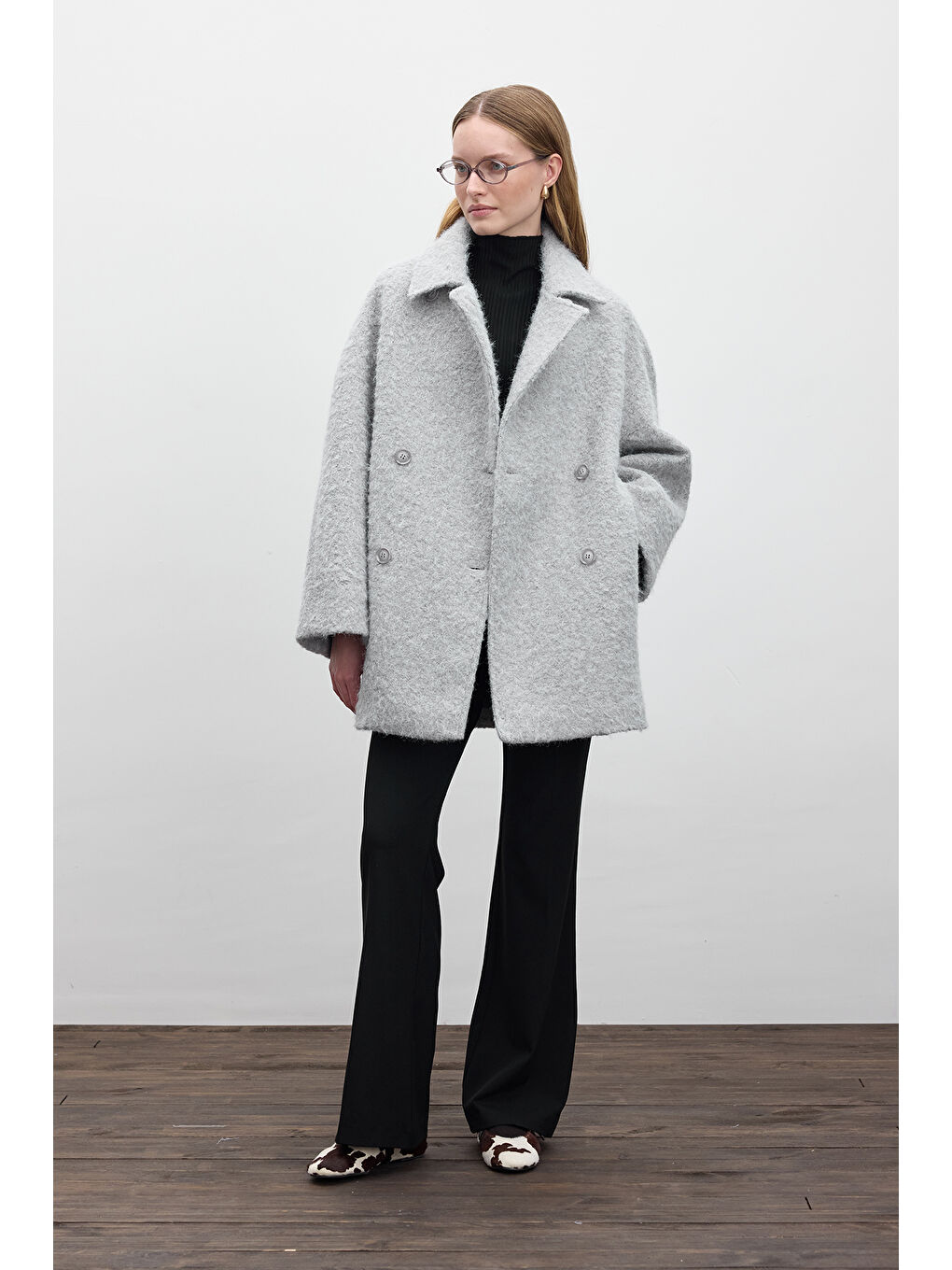 Kruvaze Kapama Kaşe Kaban Gri