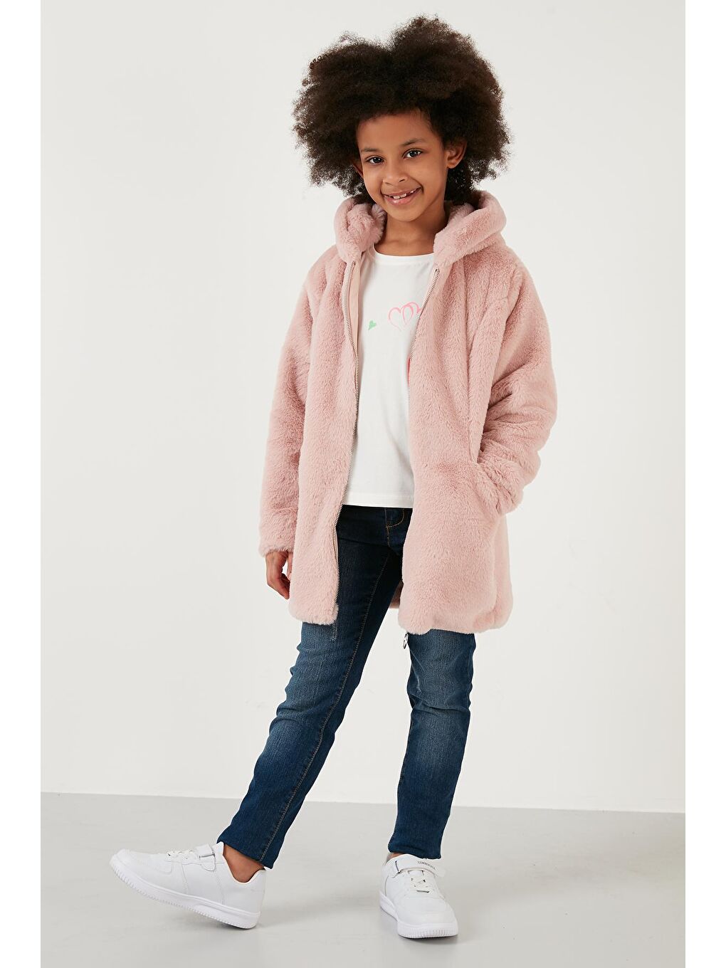 Pembe İçi Astarlı Kapüşonlu Cepli Suni Kürk Kaban 2497LINA-2