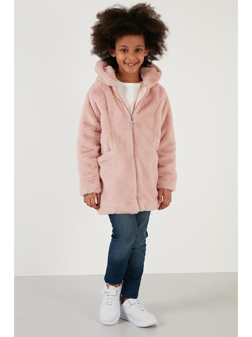 Pembe İçi Astarlı Kapüşonlu Cepli Suni Kürk Kaban 2497LINA-3