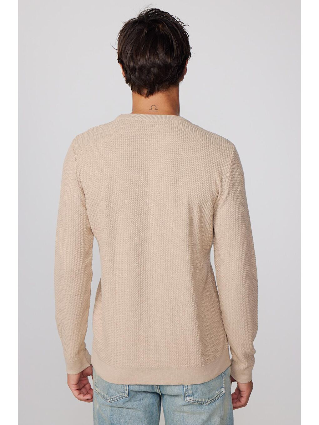 Bej Slim Fit Bisiklet Yaka Desenli Taş Erkek Kazak-4