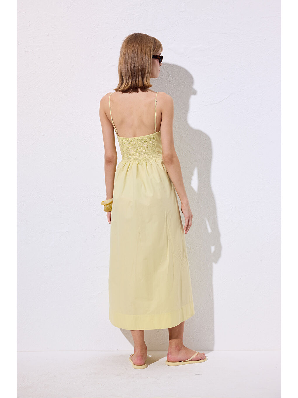 Büzgülü Korsajlı Elbise Sarı-5