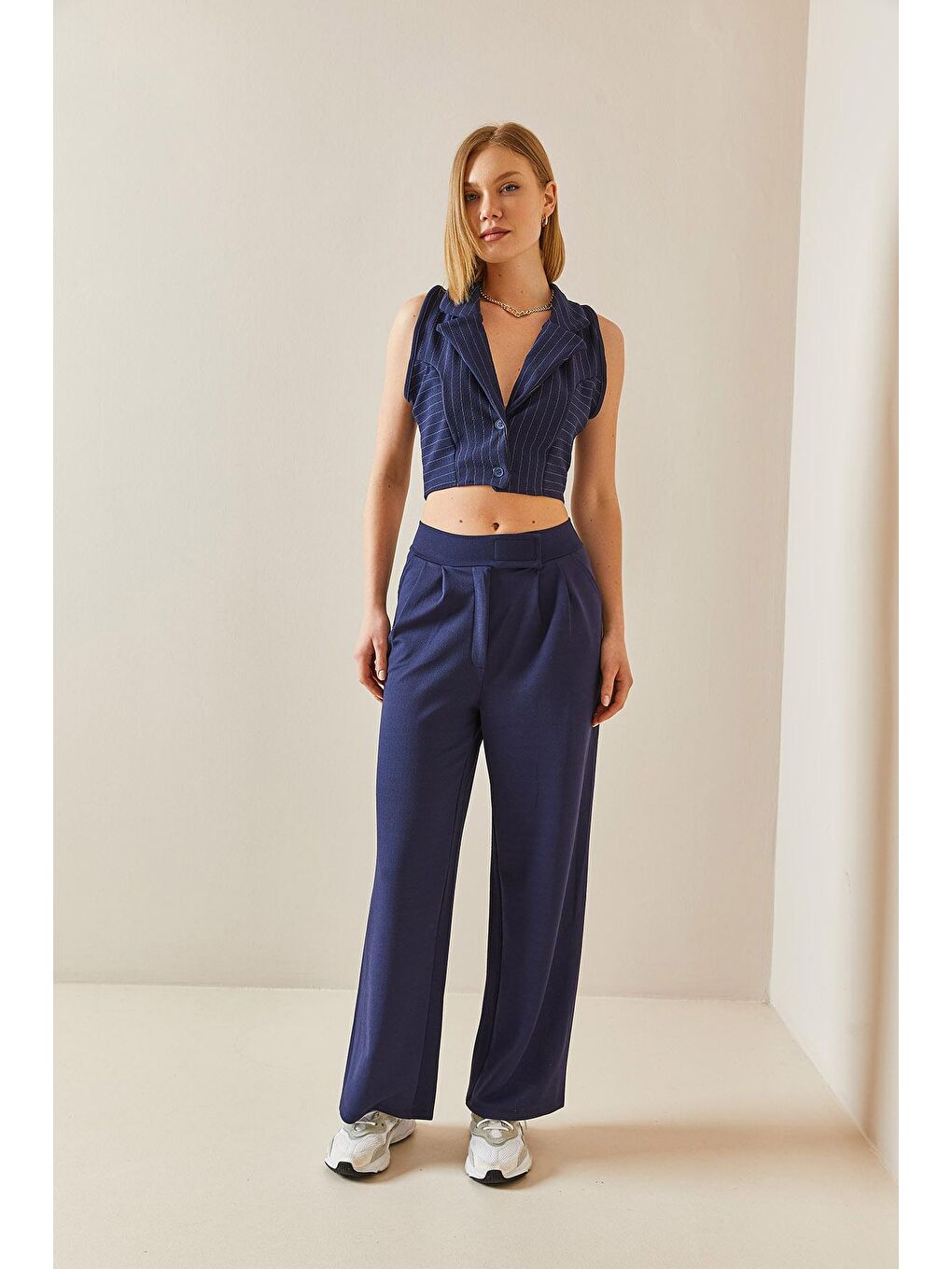 Lacivert Beli Cırtcırtlı Pens Dikişli Palazzo Pantolon 3YXK5-47244-14-1