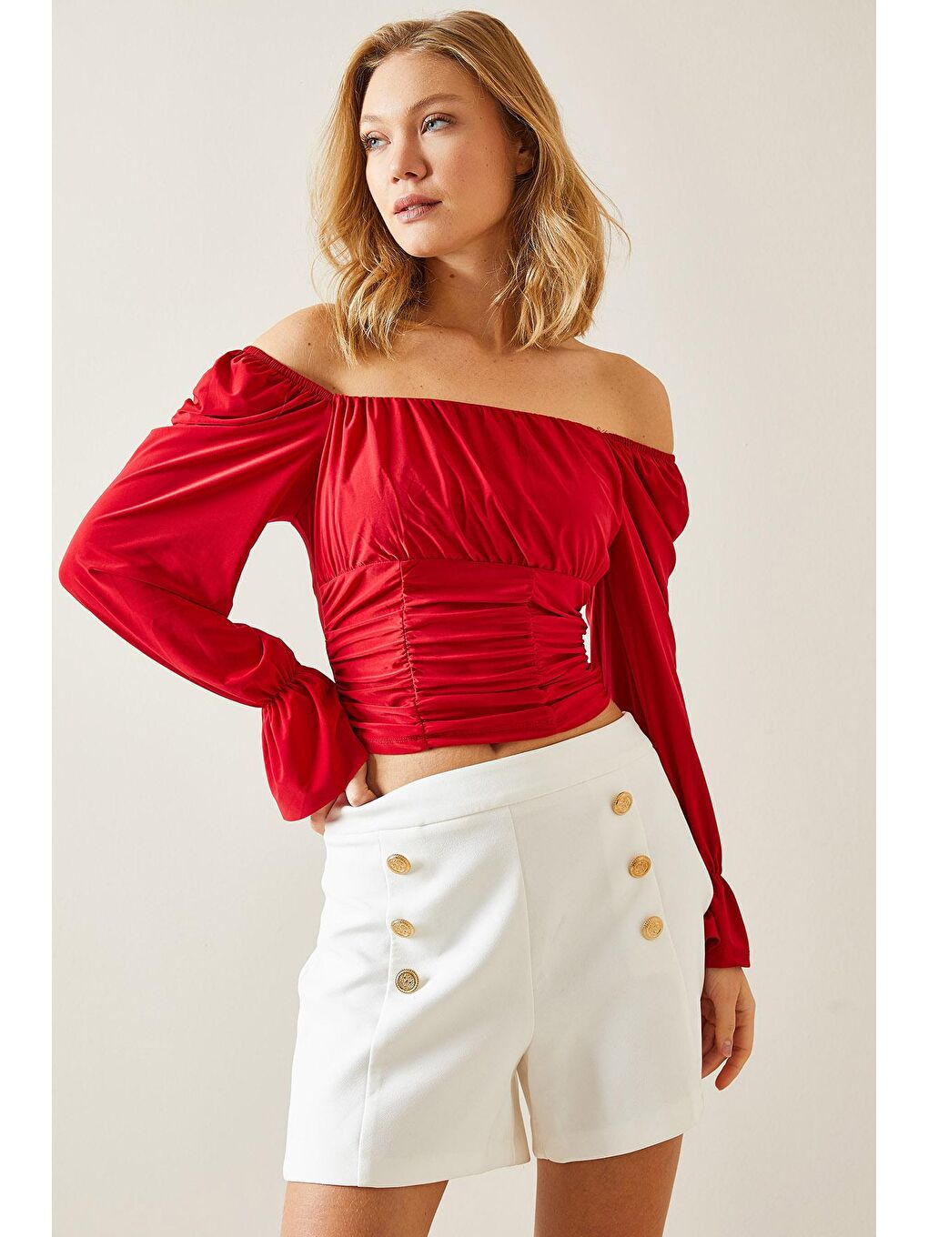 Kırmızı Drapeli Düşük Omuzlu Bluz 4KXK2-47698-04-1