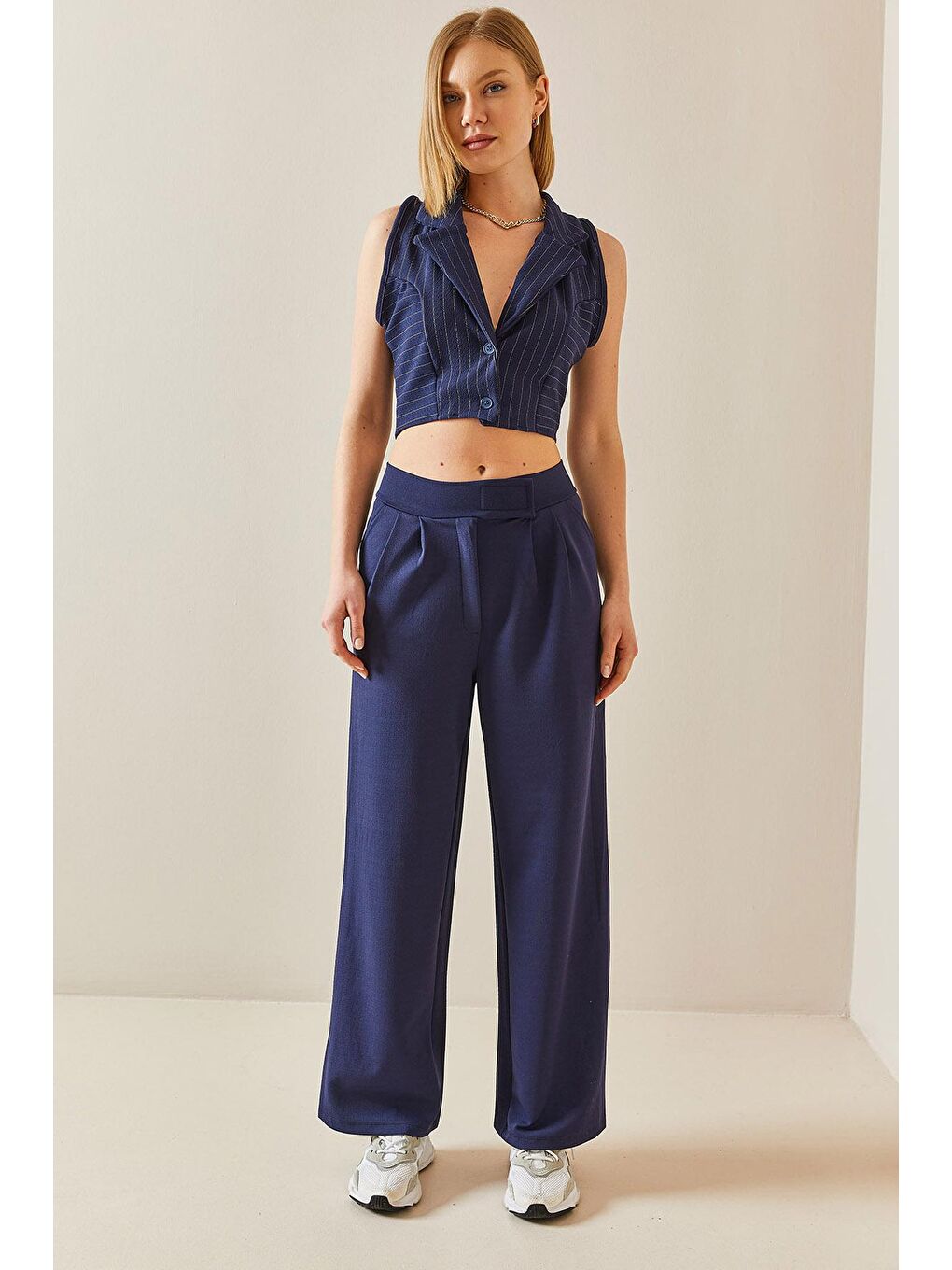 Lacivert Beli Cırtcırtlı Pens Dikişli Palazzo Pantolon 3YXK5-47244-14-2