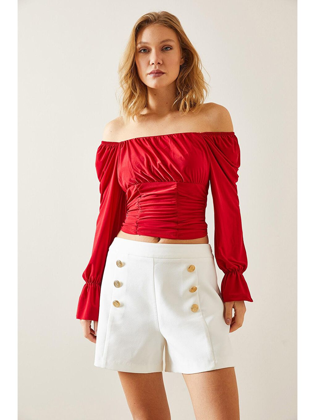 Kırmızı Drapeli Düşük Omuzlu Bluz 4KXK2-47698-04-2