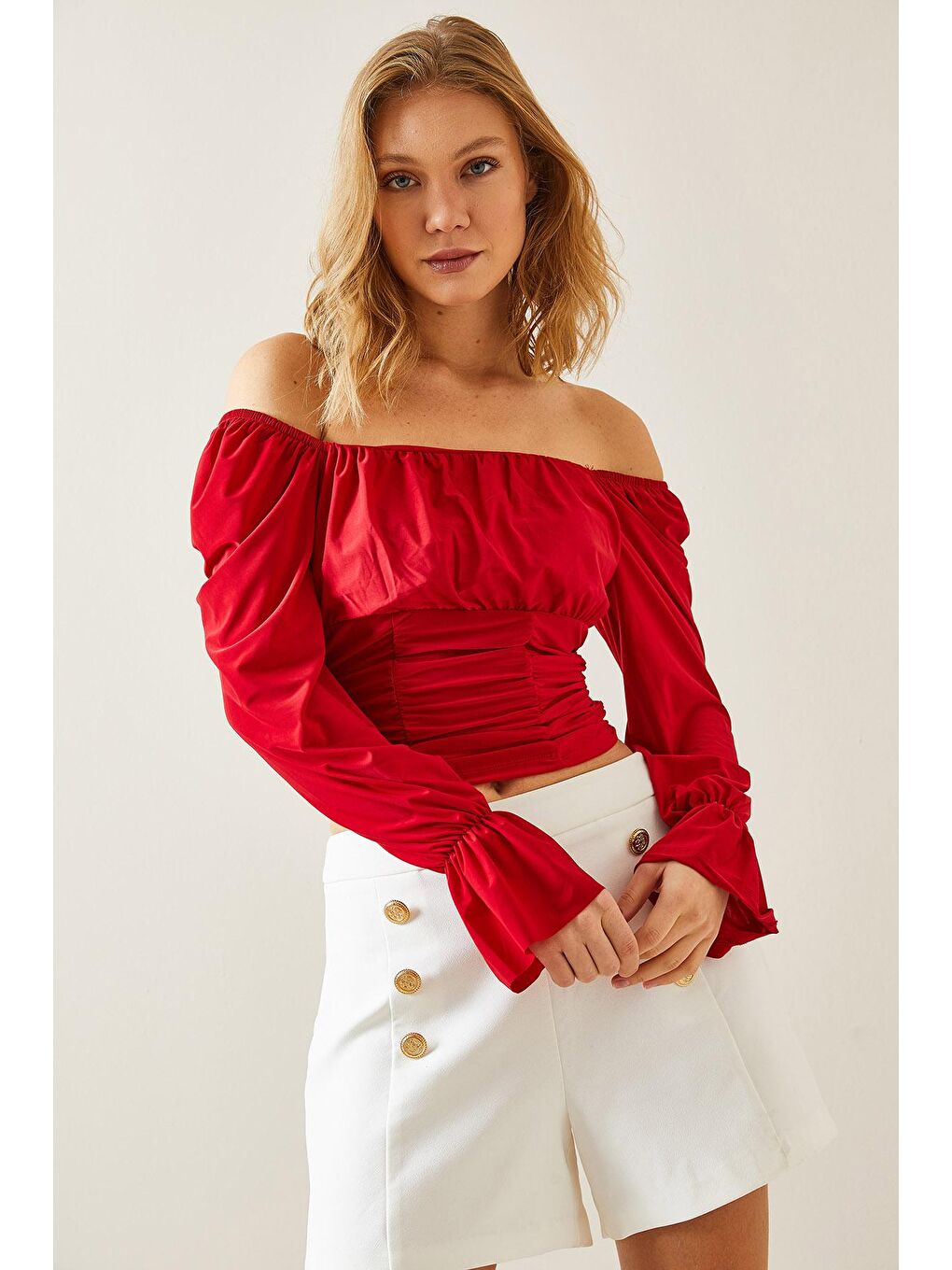 Kırmızı Drapeli Düşük Omuzlu Bluz 4KXK2-47698-04-3