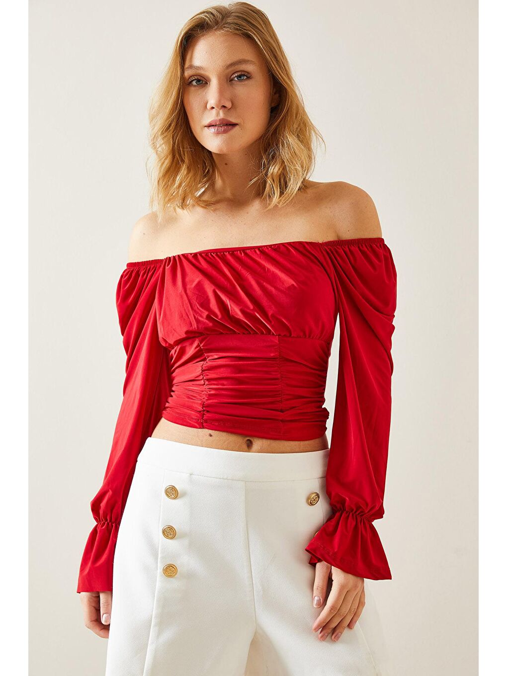 Kırmızı Drapeli Düşük Omuzlu Bluz 4KXK2-47698-04-4