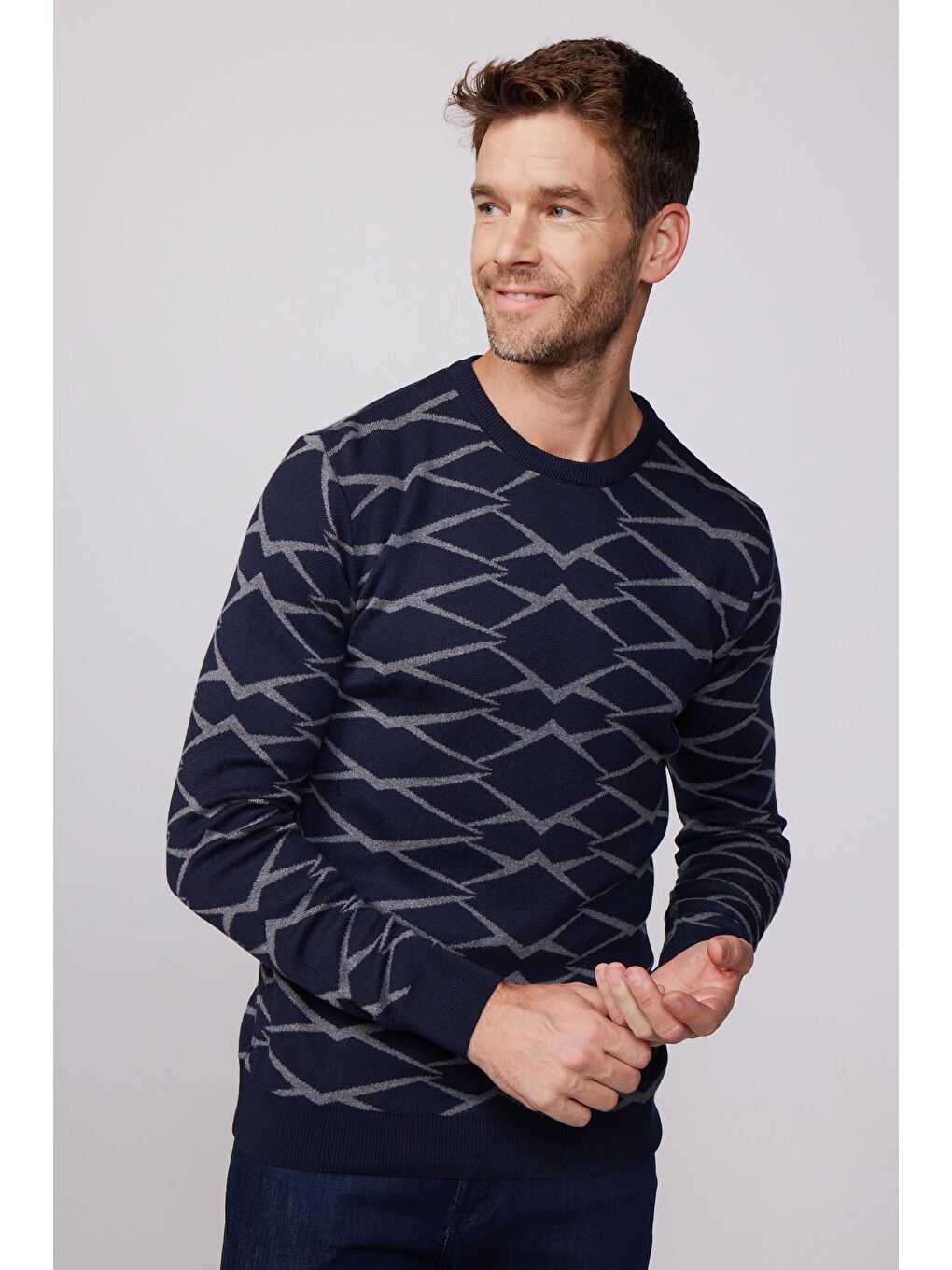 Karışık Slim Fit Dar Kesim Bisiklet Yaka Jakarlı Lacivert-Gri Erkek Kazak