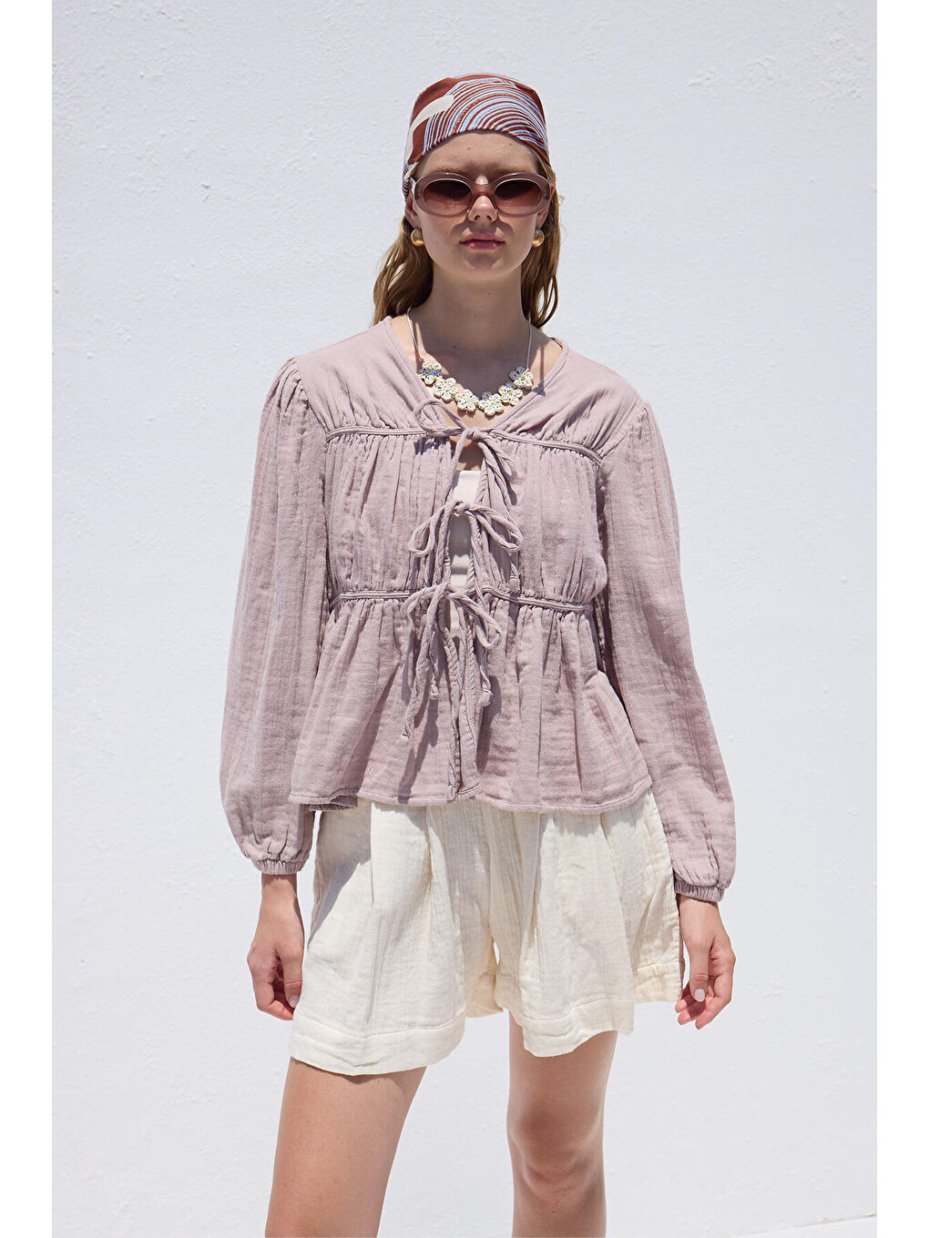 Bağlama Detaylı Müslin Bluz Lila-2