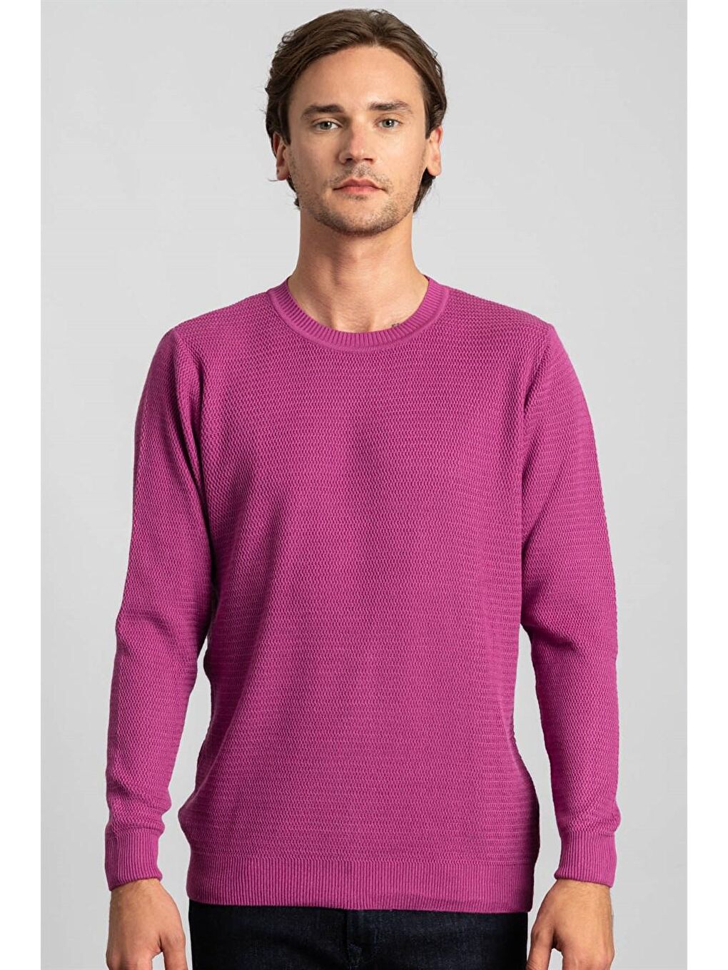 Slim Fit Armürlü Erkek Lila Mor Kazak-1