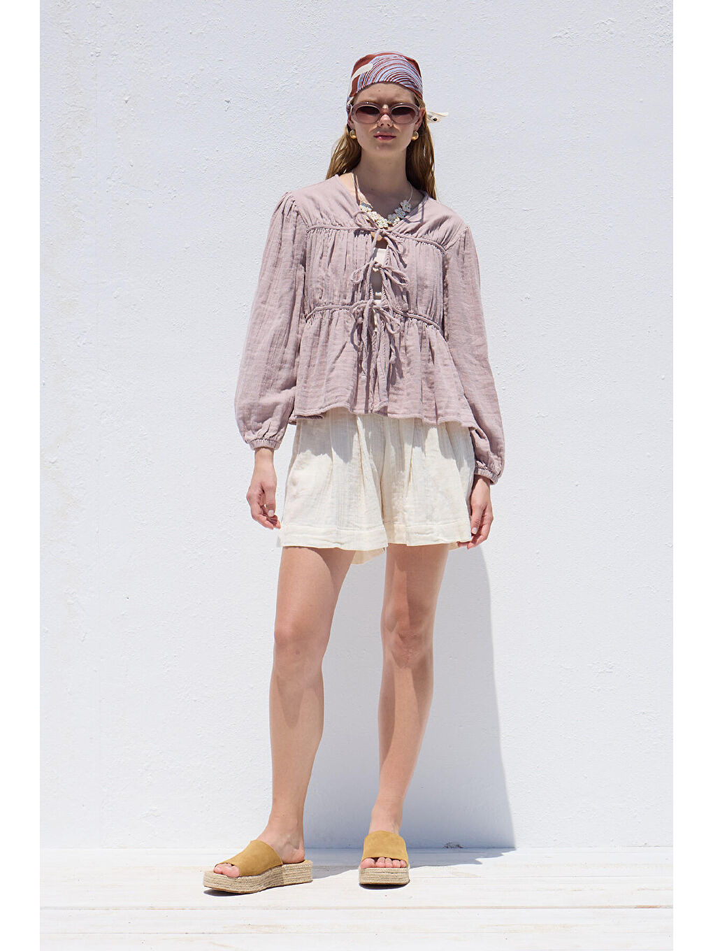 Bağlama Detaylı Müslin Bluz Lila-3