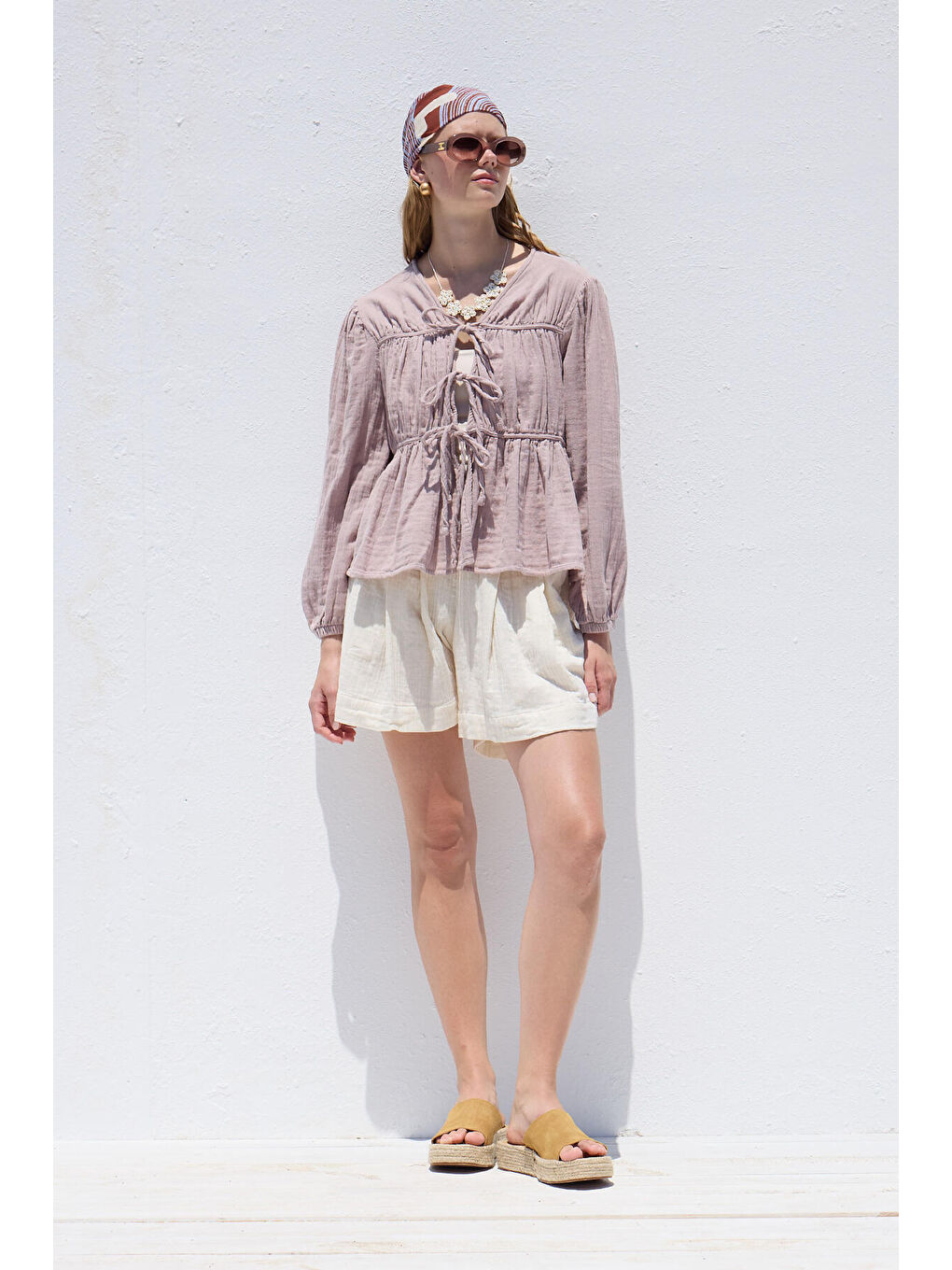 Bağlama Detaylı Müslin Bluz Lila-4