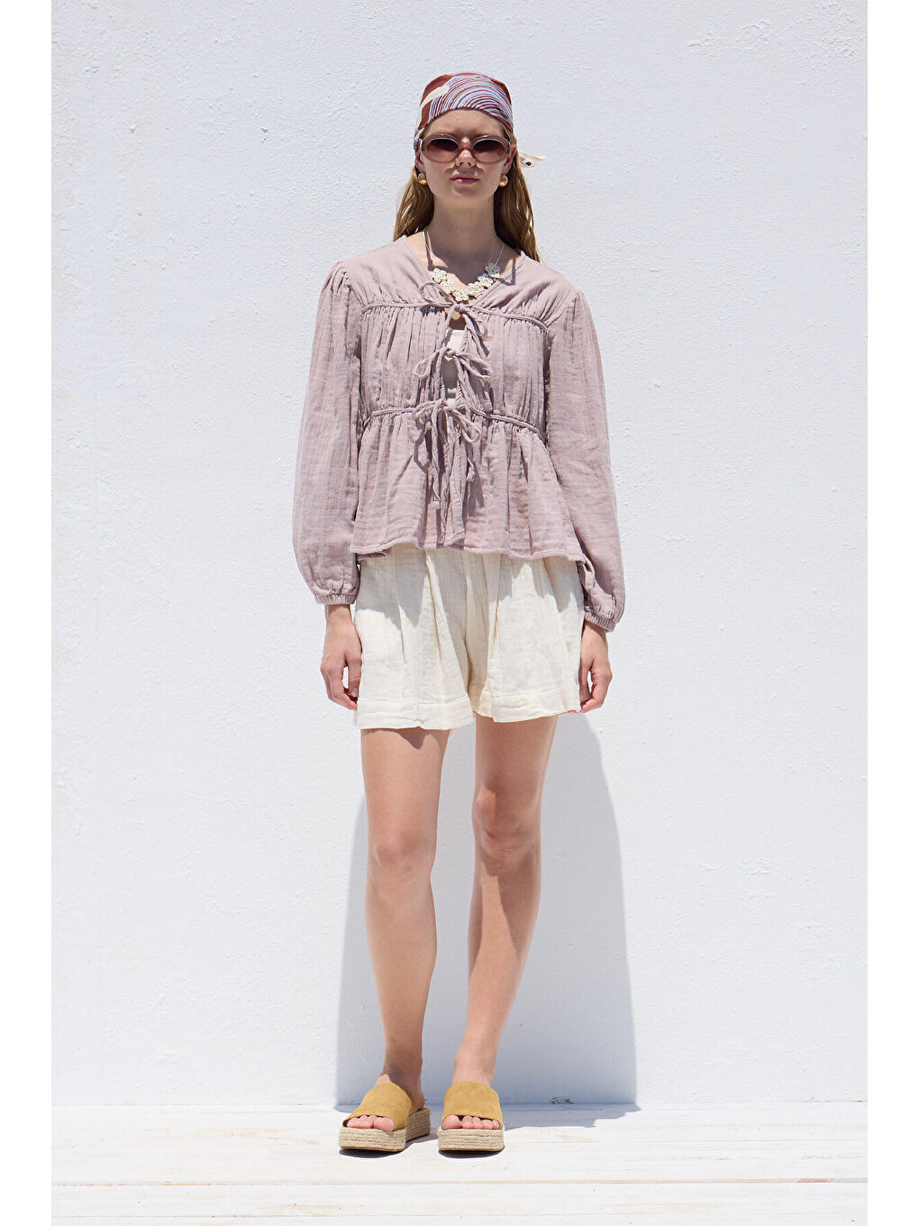 Bağlama Detaylı Müslin Bluz Lila-5