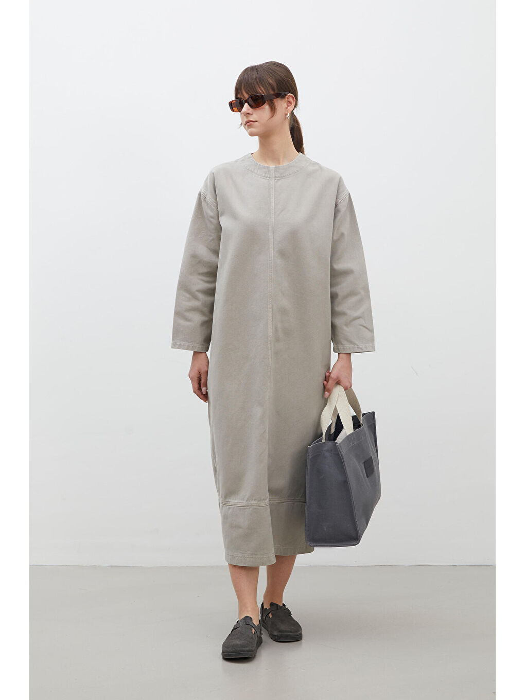 Bej Oversize Denim Elbise Taş-2