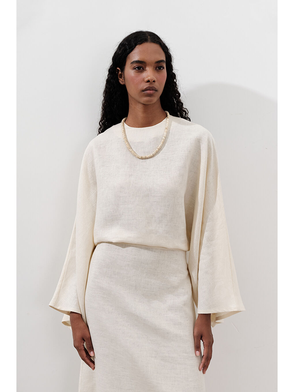 Bej Keten Geniş Bağlamalı Elbise Vanilya-2