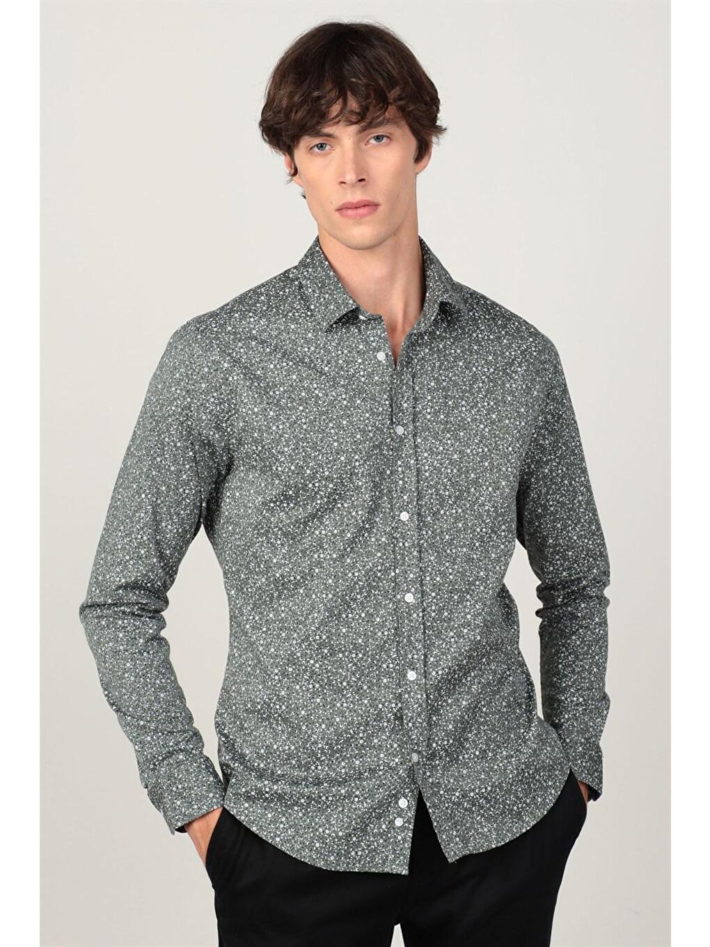 Haki Süper Slim Fit Uzun Kollu Baskılı Elastanlı Esnek Kumaş Erkek Gömlek