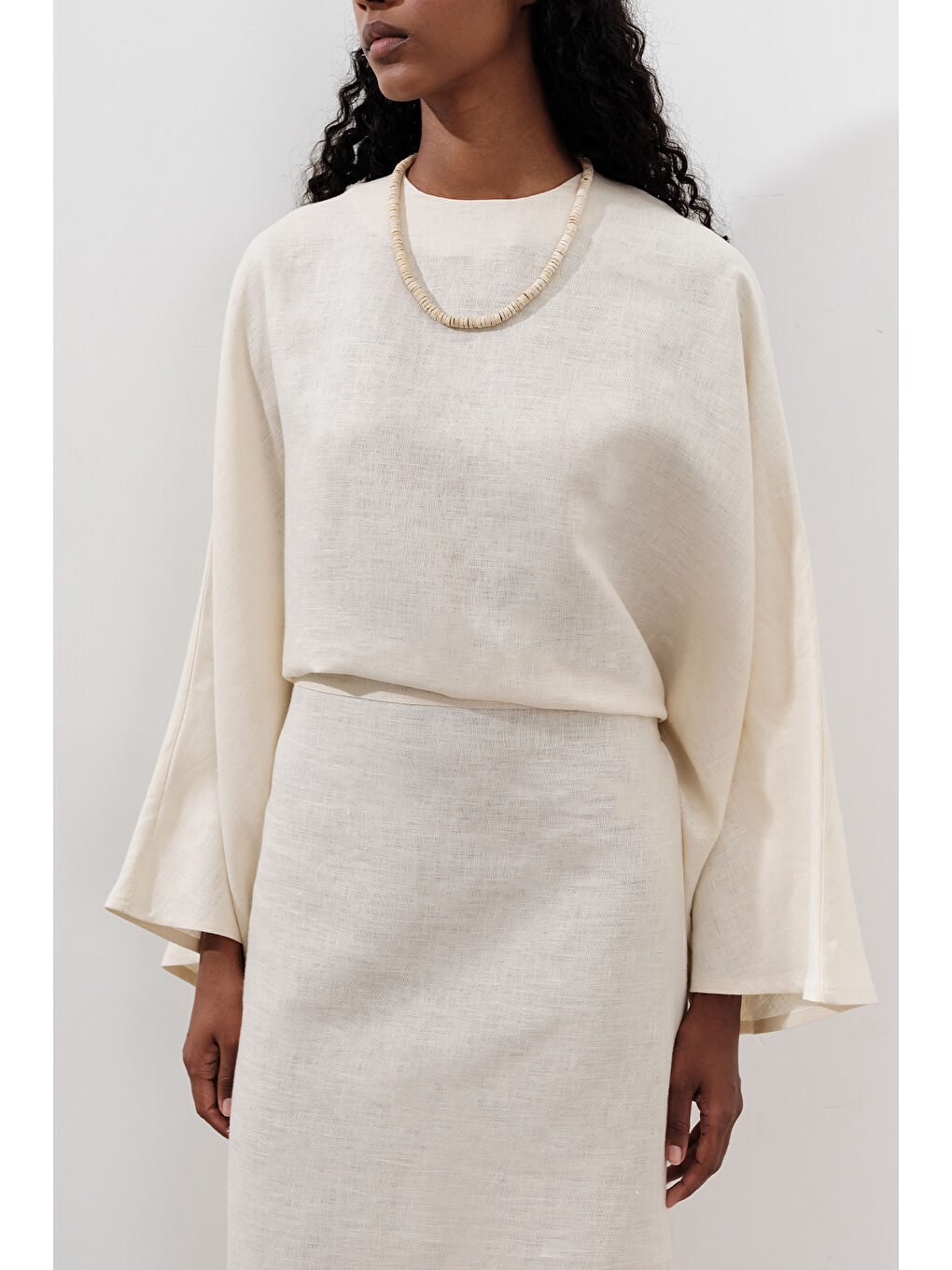 Bej Keten Geniş Bağlamalı Elbise Vanilya-3