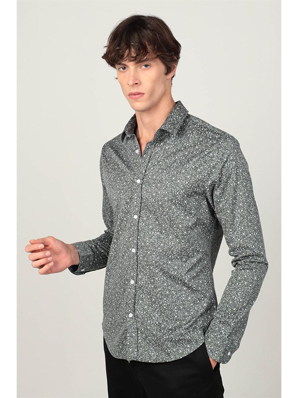 Haki Süper Slim Fit Uzun Kollu Baskılı Elastanlı Esnek Kumaş Erkek Gömlek-1