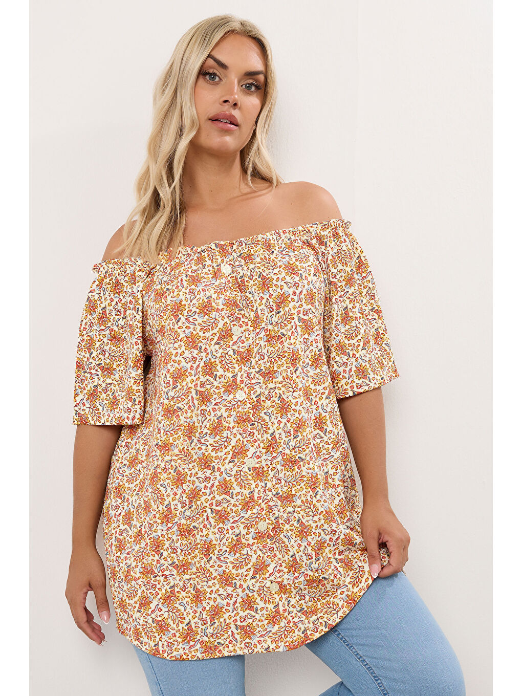 Turuncu Büyük Beden Düşük Omuzlu Kısa Kollu Düğme Detaylı Desenli Bluz 322680