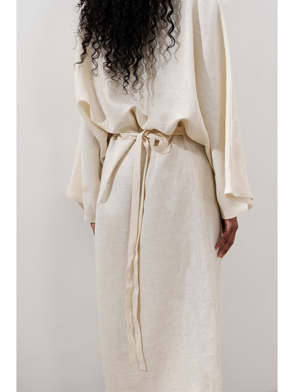 Bej Keten Geniş Bağlamalı Elbise Vanilya-5