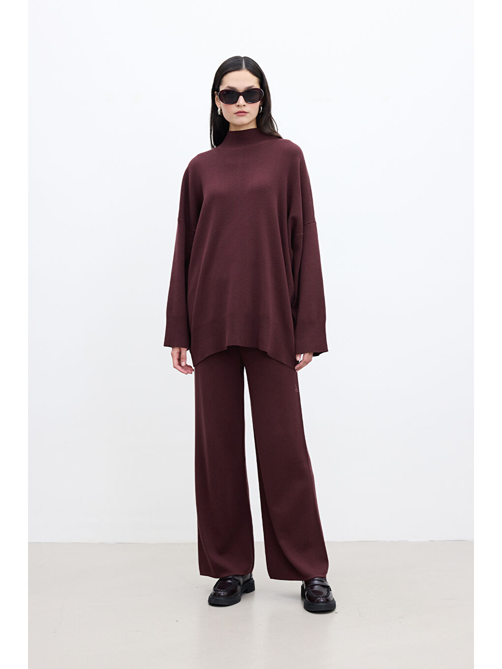 Düz Paça Triko Pantolon Bordo-1