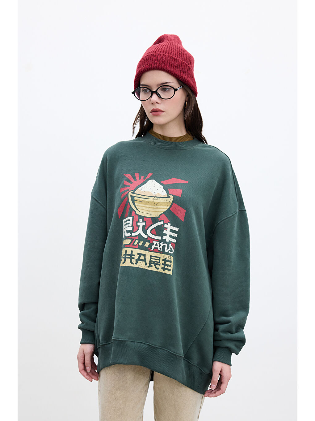 Baskı Detaylı Oversize Sweatshırt Yeşil-1