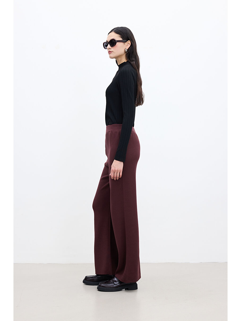 Düz Paça Triko Pantolon Bordo-3
