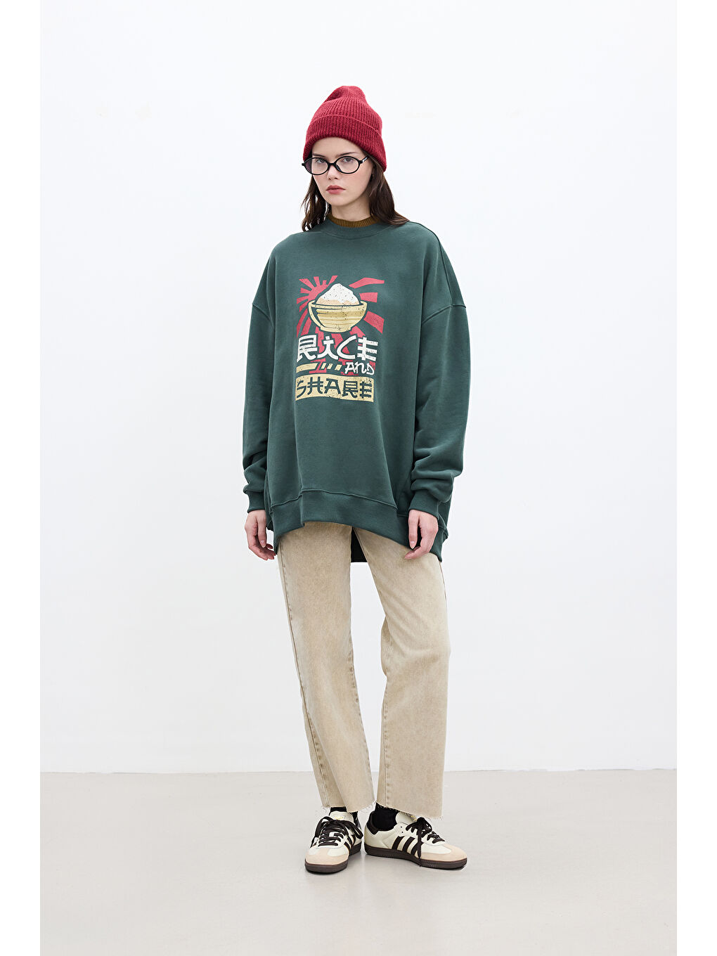 Baskı Detaylı Oversize Sweatshırt Yeşil-2