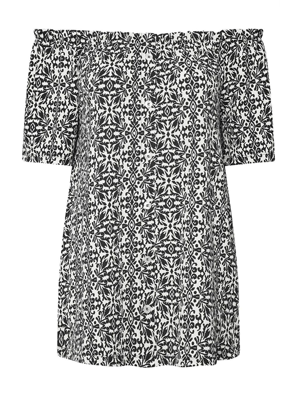 Siyah Büyük Beden Düşük Omuzlu Kısa Kollu Düğme Detaylı Desenli Bluz 322679-5