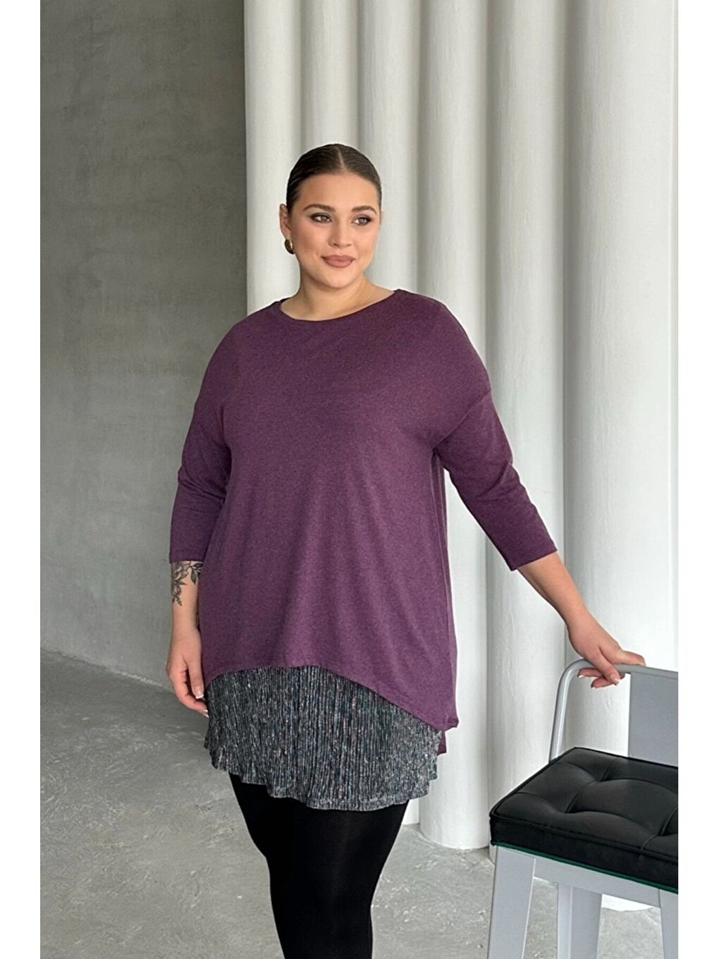 Mor Büyük Beden Eteği Tül Detaylı Uzun Kollu İnce Bluz 84-106-1