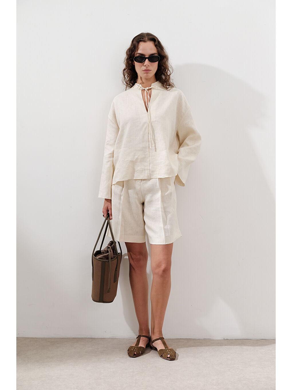 Bej Keten Bağlamalı Bluz Vanilya-2