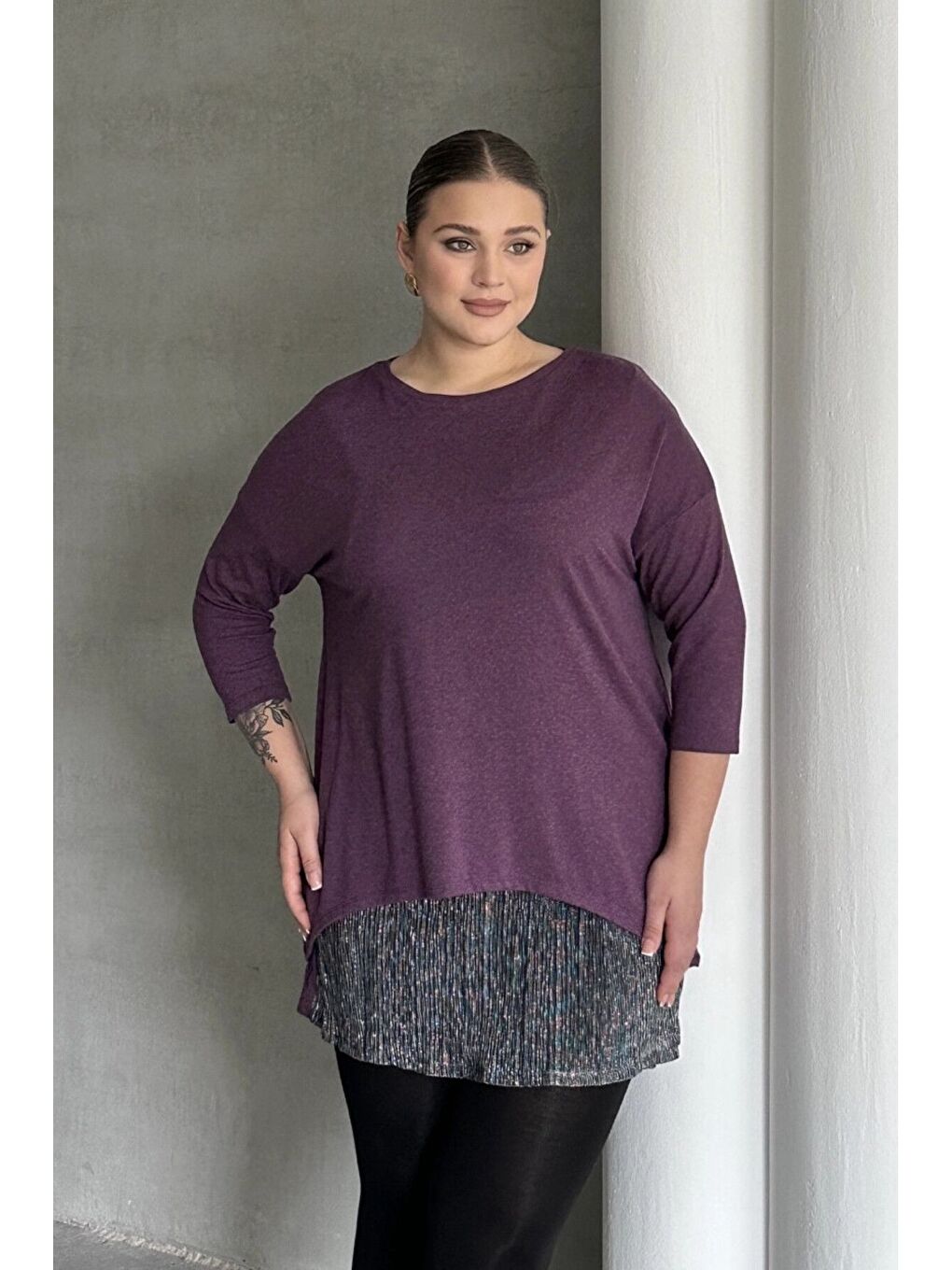 Mor Büyük Beden Eteği Tül Detaylı Uzun Kollu İnce Bluz 84-106-3
