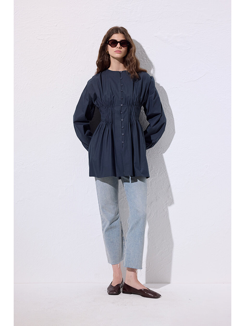 Beli Pile Detaylı Uzun Kol Bluz Lacivert-2