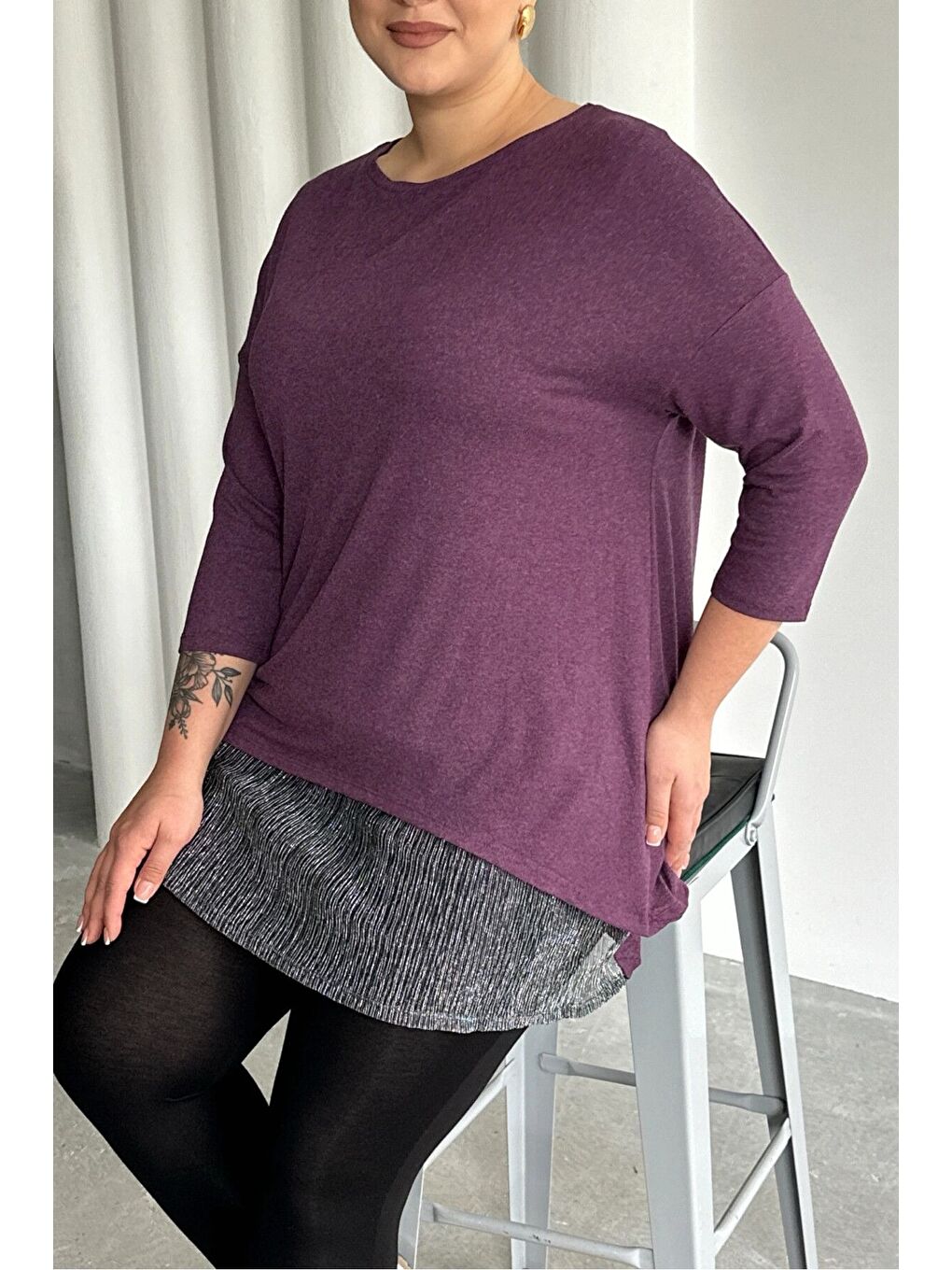 Mor Büyük Beden Eteği Tül Detaylı Uzun Kollu İnce Bluz 84-106-4