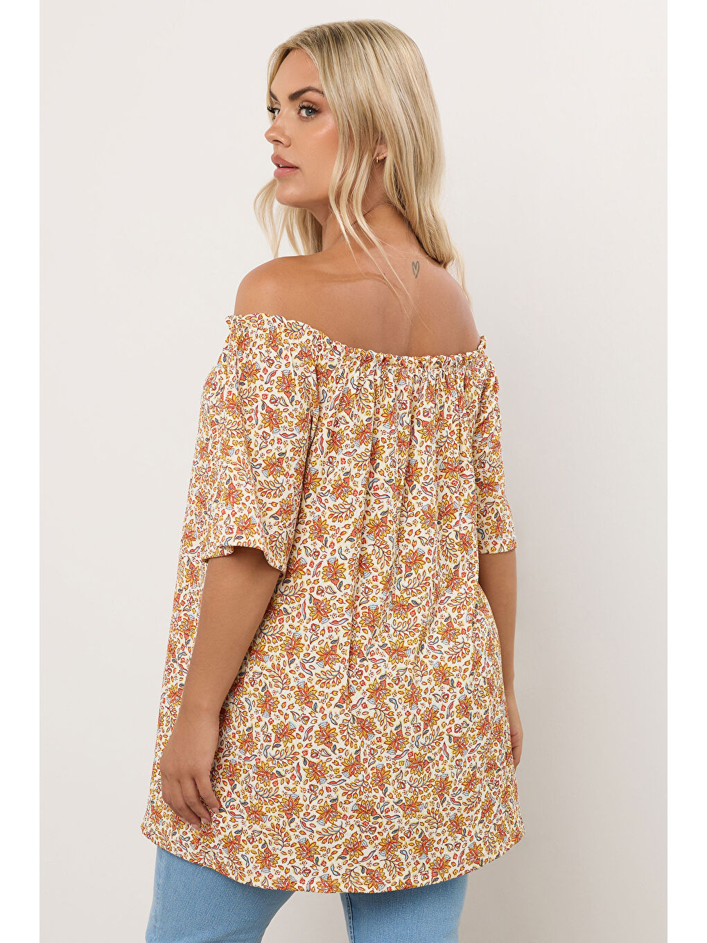 Turuncu Büyük Beden Düşük Omuzlu Kısa Kollu Düğme Detaylı Desenli Bluz 322680-3