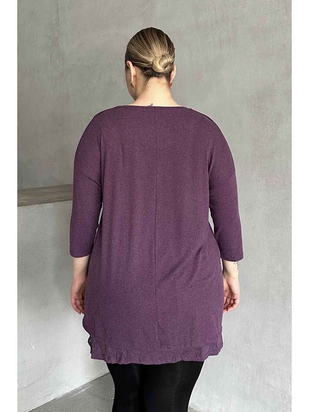 Mor Büyük Beden Eteği Tül Detaylı Uzun Kollu İnce Bluz 84-106-5