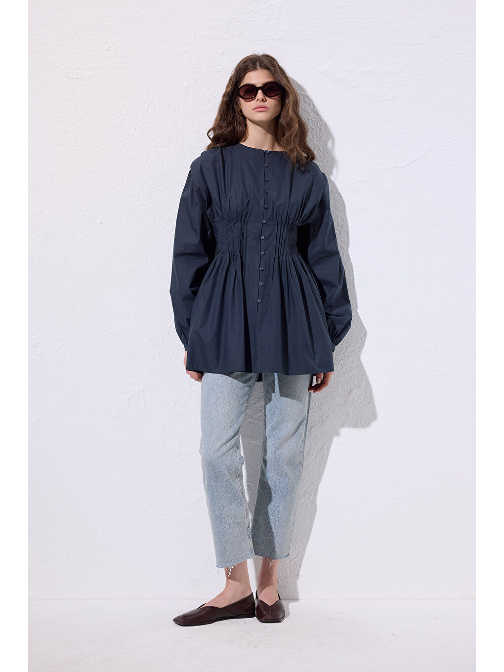 Beli Pile Detaylı Uzun Kol Bluz Lacivert-3