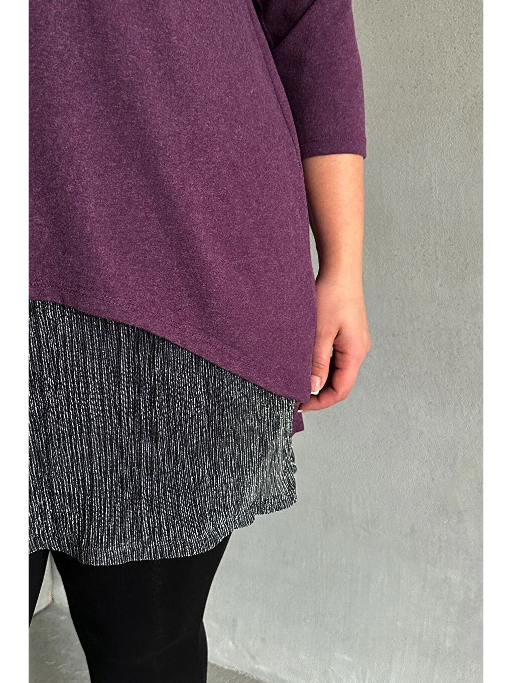 Mor Büyük Beden Eteği Tül Detaylı Uzun Kollu İnce Bluz 84-106-6