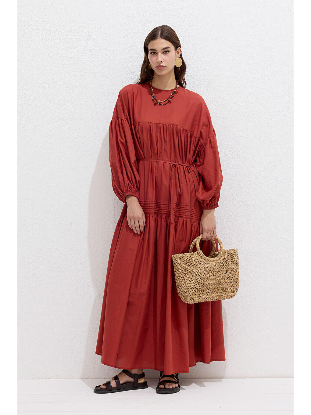 Büzgülü Oversize Vual Elbise Turuncu-2