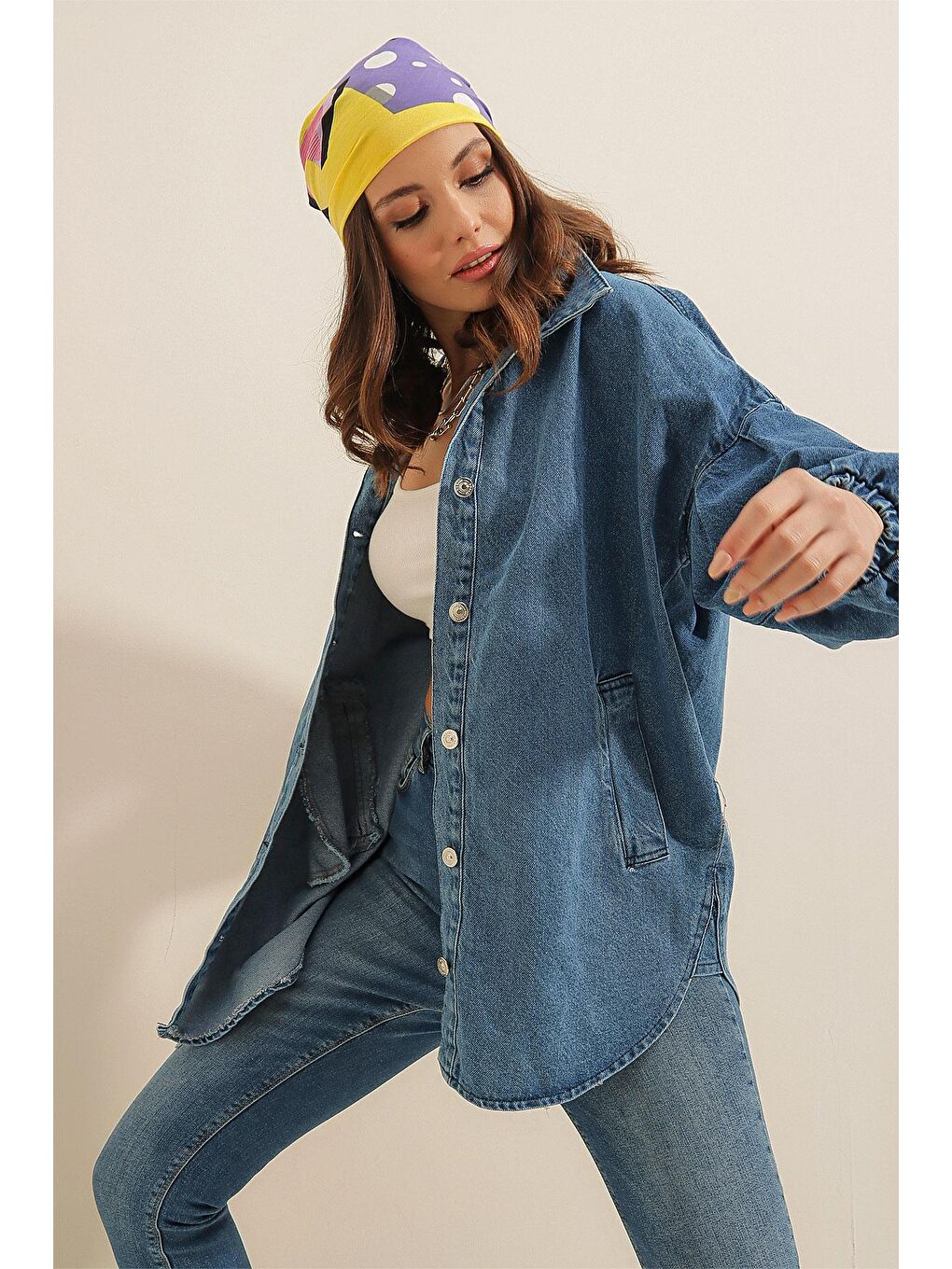 0662 Denim Balon Kollu Kot Ceket - Mavi