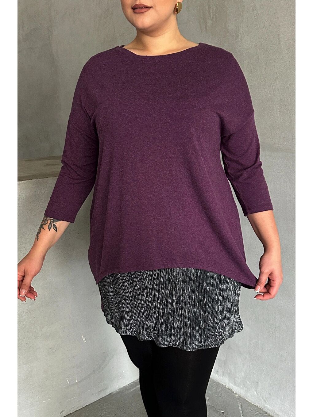 Mor Büyük Beden Eteği Tül Detaylı Uzun Kollu İnce Bluz 84-106-7