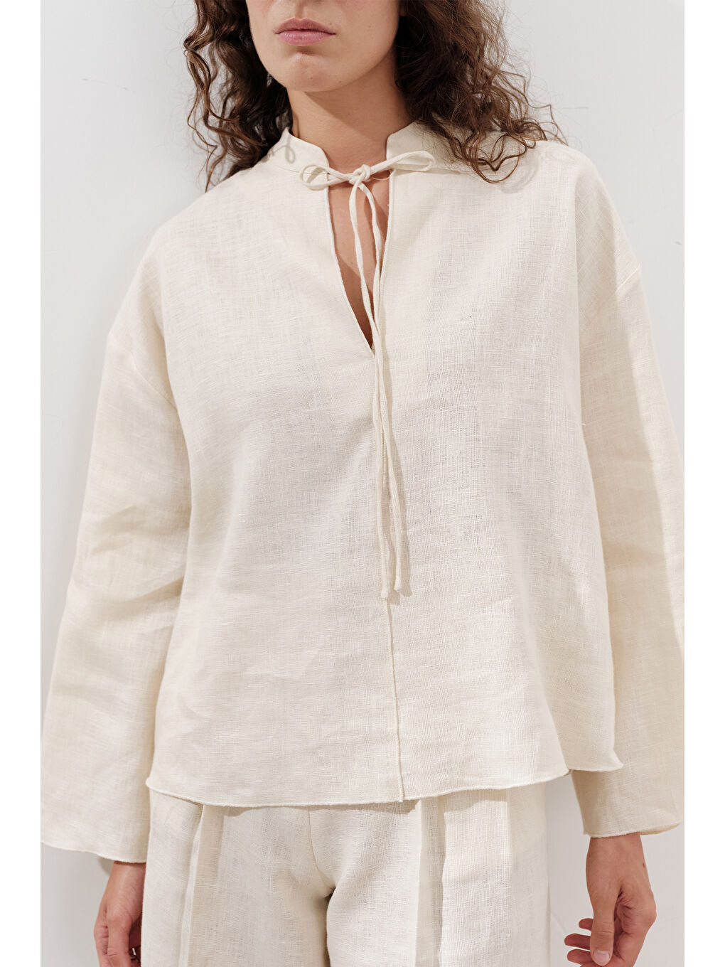 Bej Keten Bağlamalı Bluz Vanilya-4