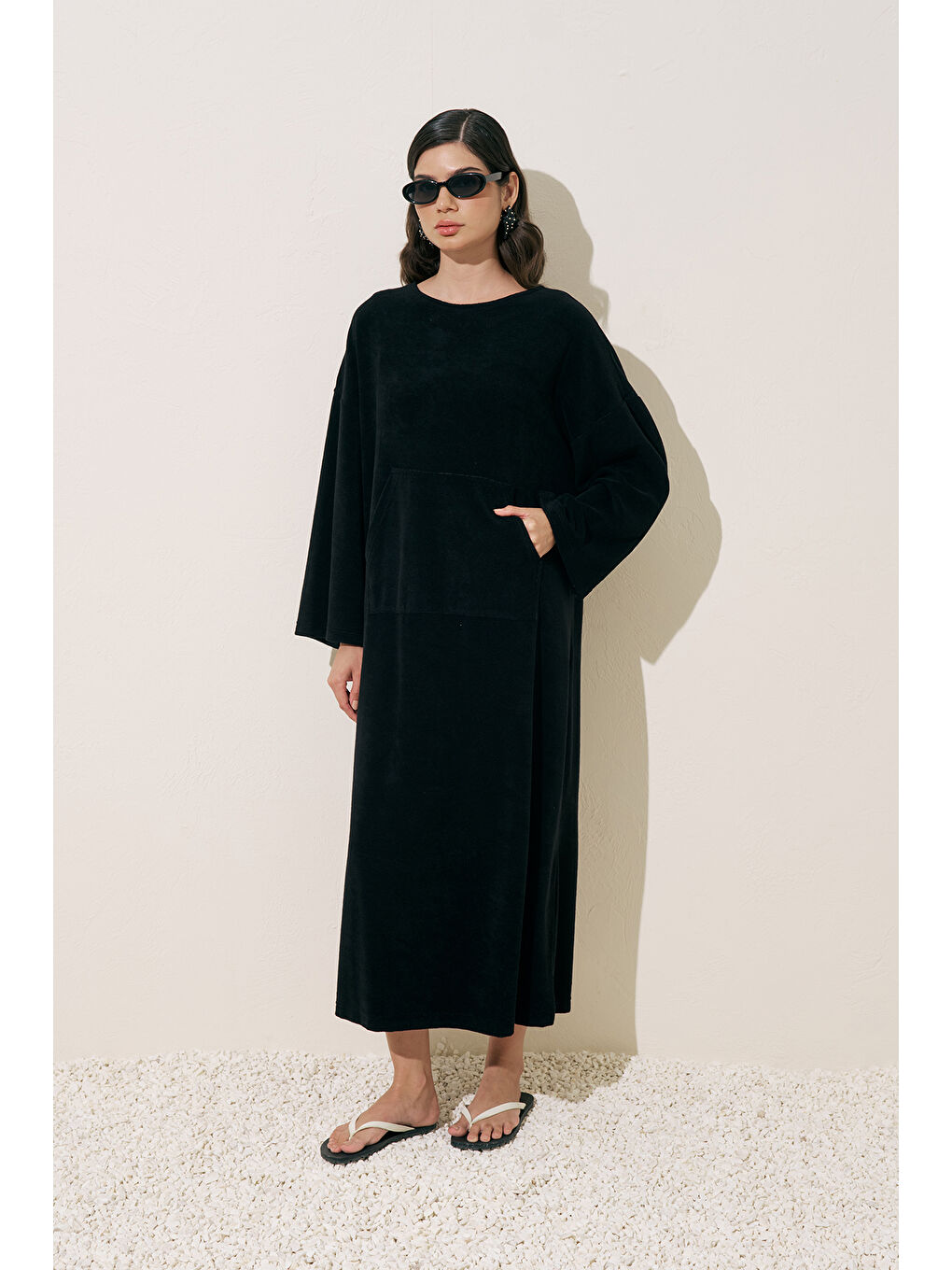 Havlu Kumaş Rahat Elbise Siyah-1