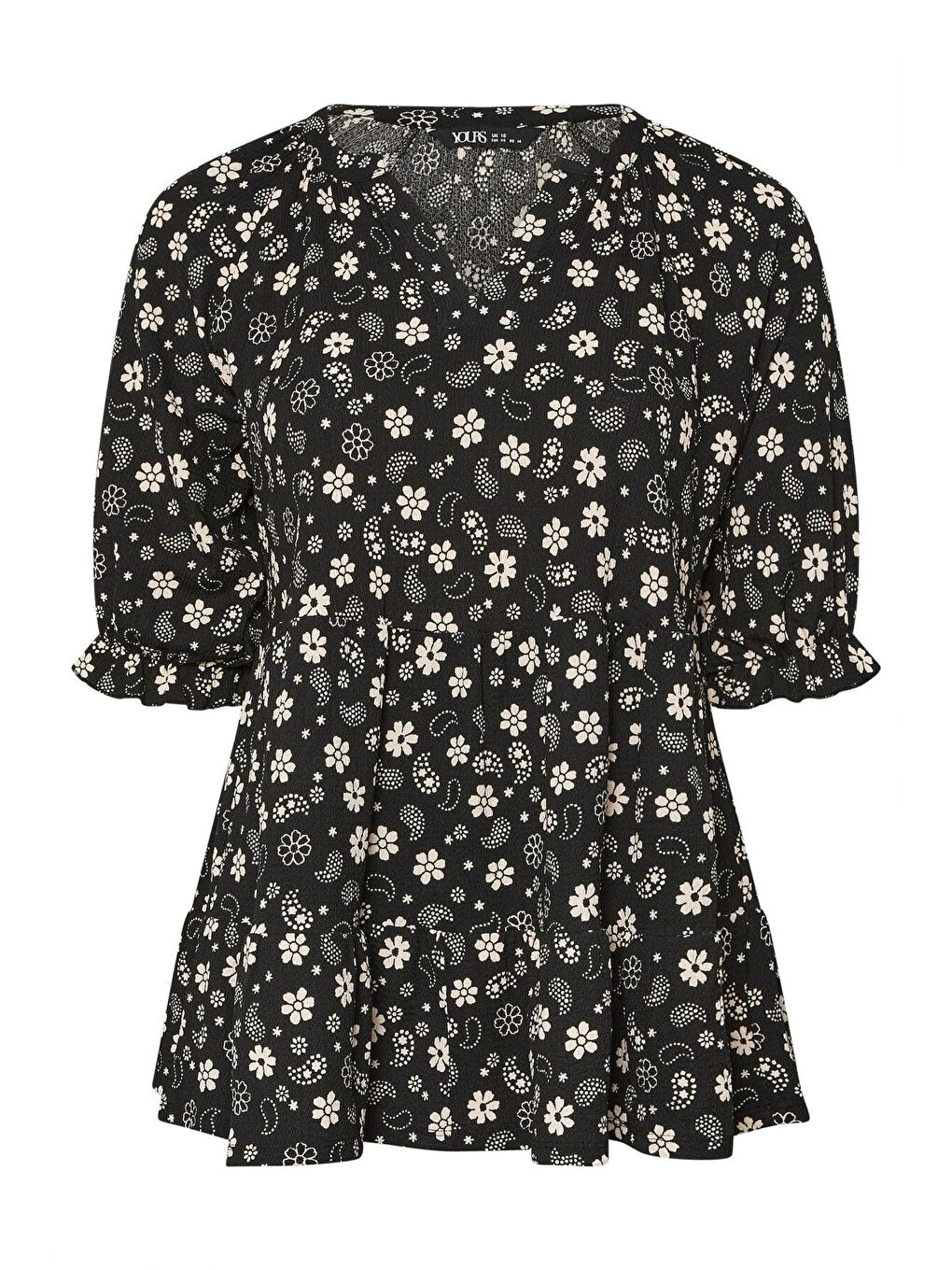 Siyah Büyük Beden Çentik Yaka Kısa Kollu Eteği Fırfırlı Bluz 322571-5