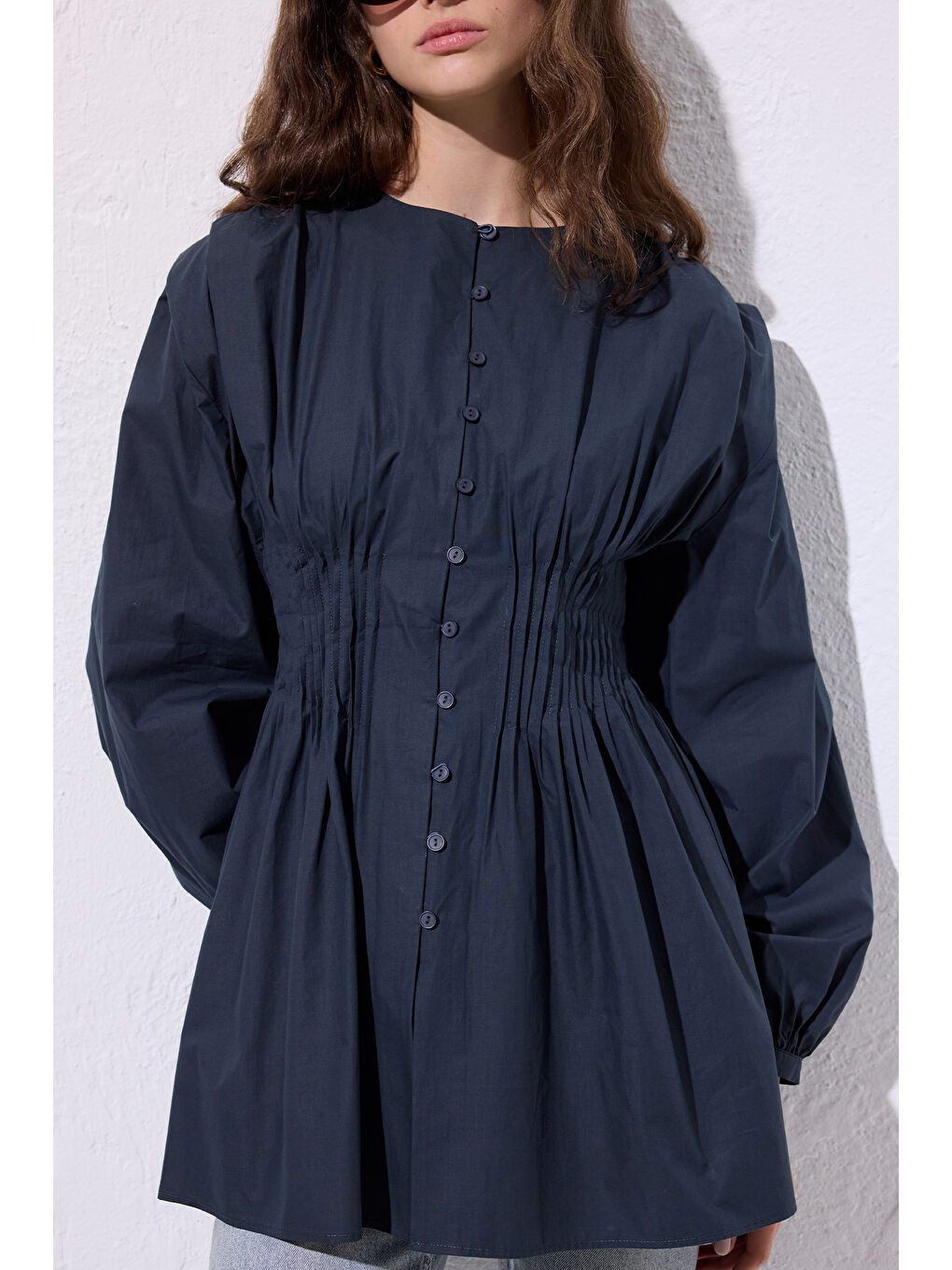 Beli Pile Detaylı Uzun Kol Bluz Lacivert-4