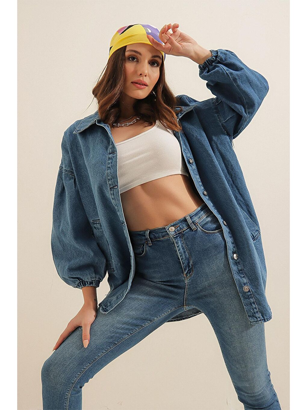 0662 Denim Balon Kollu Kot Ceket - Mavi-1